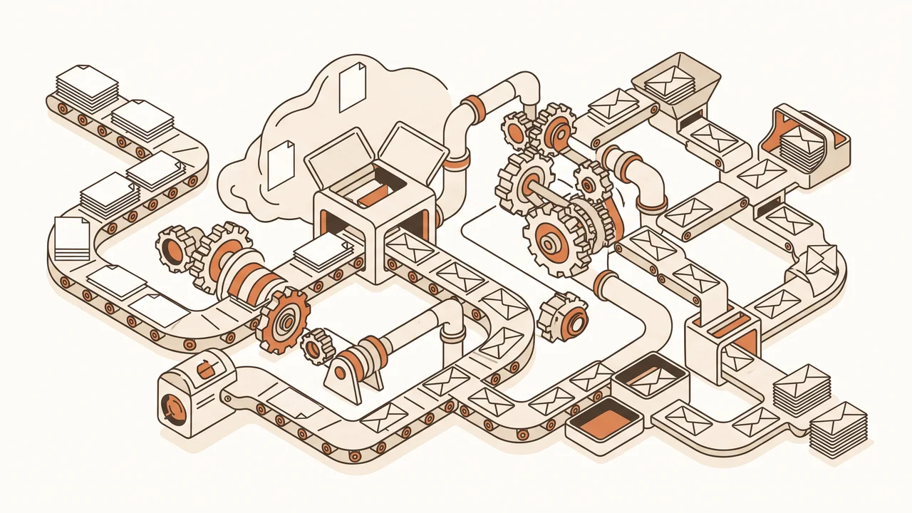 Illustratie: documenten en tandwielen in een geautomatiseerde stroom