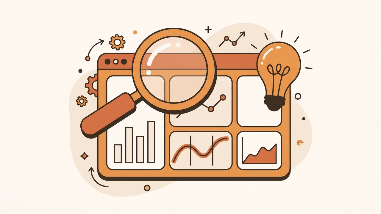 Illustratie: vergrootglas boven een dashboard met grafieken